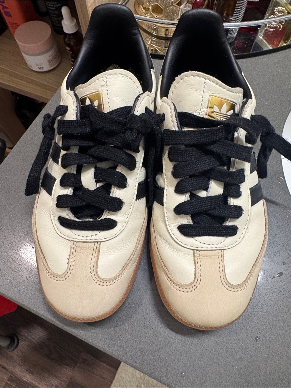 adidas Cream and Black Leather Low-Top Sneakers